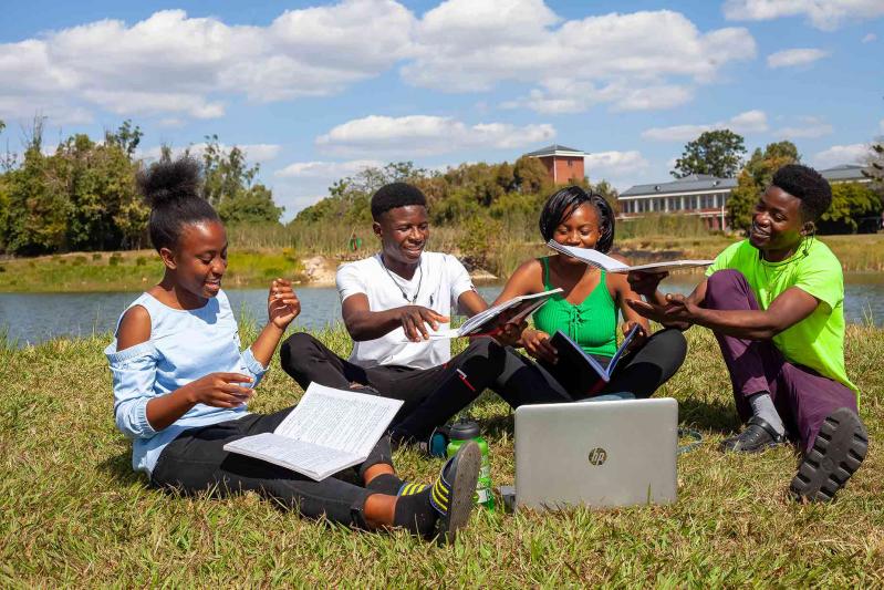 Group of students studying by the lake