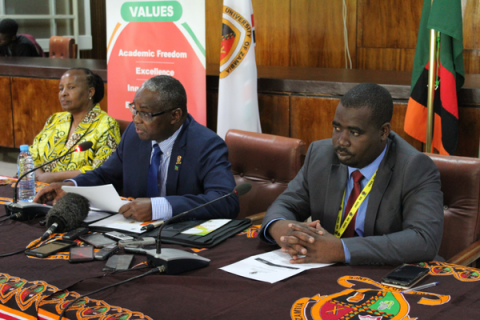 UNZA Vice-Chancellor, Prof. Luke Mumba addressing the media.