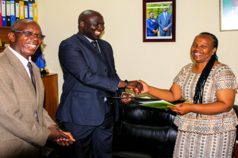 Deputy Vice Chancellor shakes hands with Mika Group of Hotels Human Resource Manager